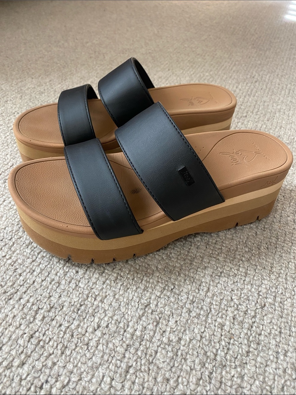 Reef Black Double-Strap Platform Slide Sandals with Tan Sole